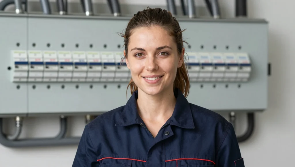Porträt einer Elektrofachkraft in Arbeitskleidung.