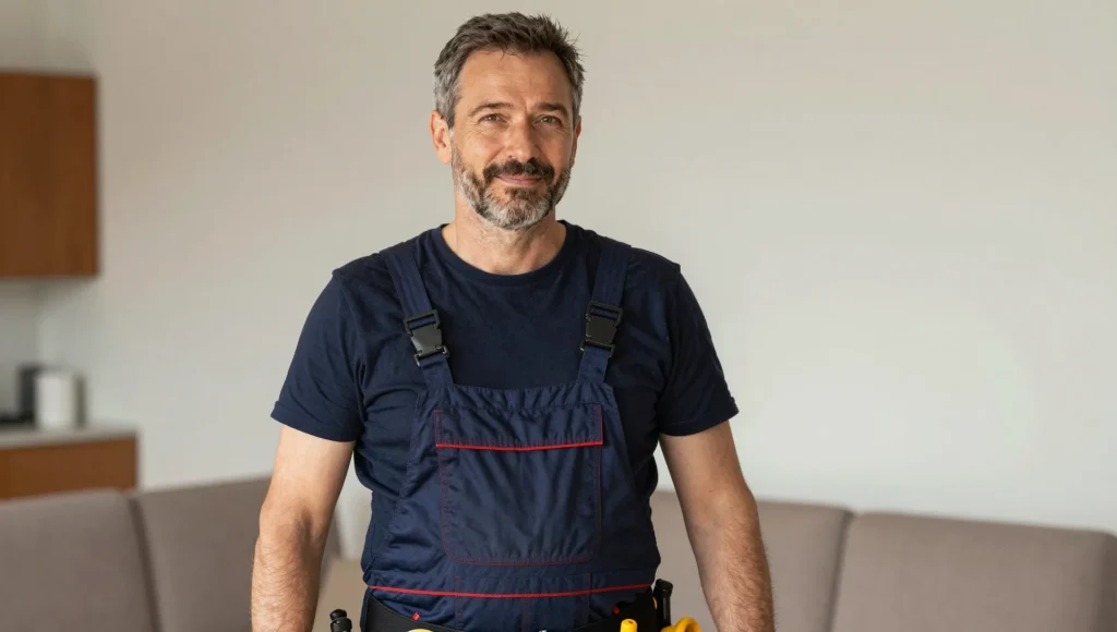 Elektrofachkraft mit Werkzeug vor dem Einsatz.
