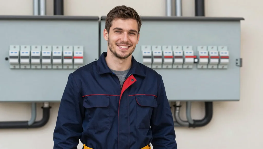 Porträt einer Elektrofachkraft vor dem Einsatz.