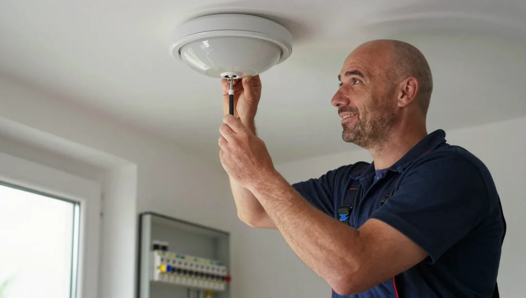 Reparatur einer Deckenleuchte durch eine Elektrofachkraft.