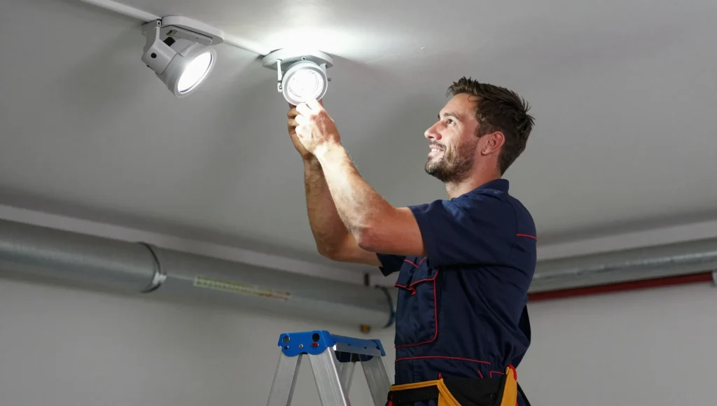 Montage von LED-Einbauspots an der Decke.