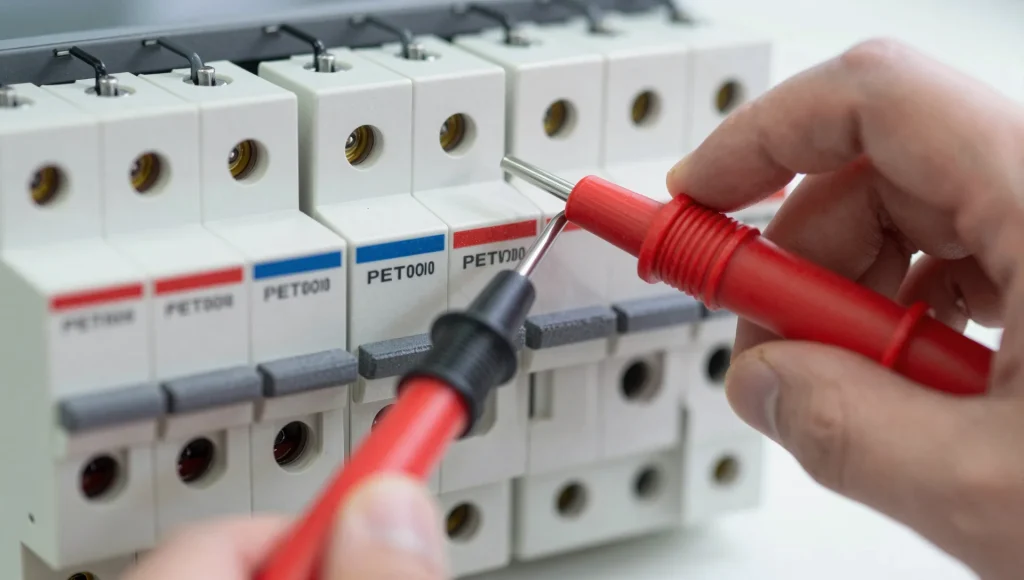 Spannungsprüfer im Einsatz an einer Elektroinstallation.