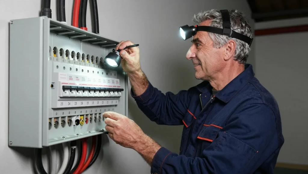 Elektrofachkraft bei der Fehlersuche nach einem Stromausfall.
