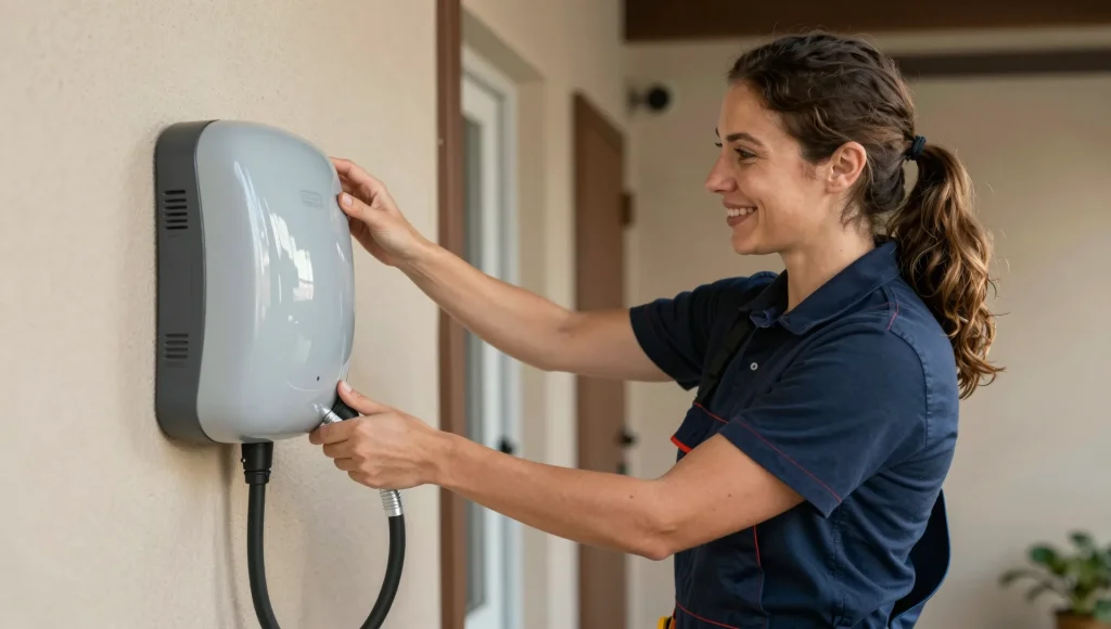 Montage einer Wallbox am Stellplatz.